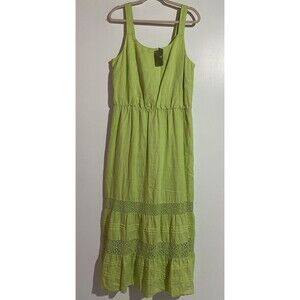 J Jill Dress LT Celery Green Linen Maxi Tiered‎ Crochet Boho Cottagecore Peasant